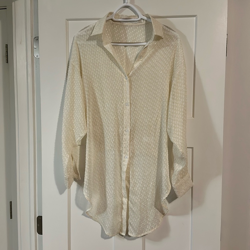 BISHOP + YOUNG | Off White Sheer Textured Blouse Low High